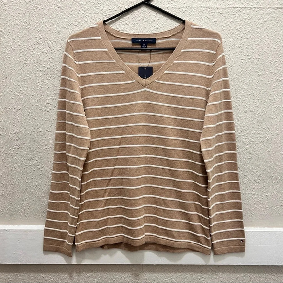 Tommy Hilfiger Light Brown V-Neck Long Sleeve Striped Top NWT Small - Picture 1 of 5